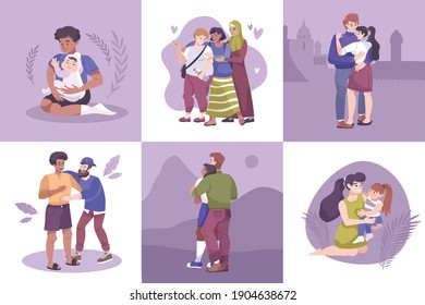 Flat hug icon set with couple father and child mother and child and friends vector illustration