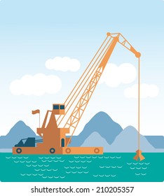 flat Huge crane barge Industrial ship that digs sand marine dredging digging sea bottom  Vector