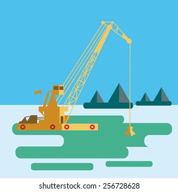 flat Huge crane barge Industrial ship that digs sand marine dredging digging sea bottom. Vector 