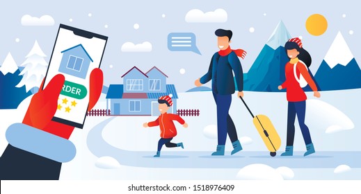 Flat Huge Human Hand In Mitten Holding Phone With Open Mobile App For Online Order House In Mountains. Internet Tour Agency, Booking Service. Family Arriving At Winter Resort. Vector Illustration