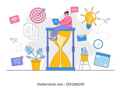 Flat huge sand glass for time management with business woman characters concept. Outline design style minimal vector illustration for landing page, web banner, infographics, hero images.