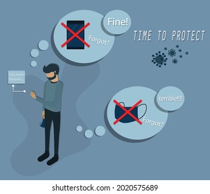 Flat Of Human Behavior Concept, Young Man Forgot His Phone  And Felt Like It's Wasn't Bad But He Thought Forgetting The Mask Was Terrible - Vector Illustration