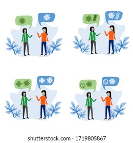 Flat human design set collection. Two woman talk about virus Covid-19 concept cartoon illustration. Perfect for website, advertising, and sticker. Orange, green, blue, plants, friends, and gossip.