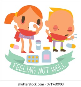 Flat human disease kids. Funny cute personages suitable for apps illustrations, card, sticker, banner, package designs. Colorful logos or icons around.