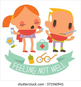 Niños con enfermedades humanas planas. Personajes graciosos y lindos adecuados para aplicaciones ilustrativas, tarjetas, pegatinas, banner, diseños de paquetes. Logotipos o íconos coloridos alrededor.