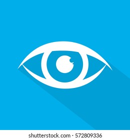 Flat human eye icon. Vector illustration. Symbol of eye with long shadow on blue background.