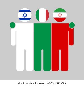 Flat human figures with heads as Israel, Italy, and Iran flags. Italy stands between Israel and Iran as a neutral mediator. Perfect for political, diplomacy, and peace topics.