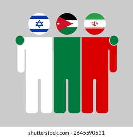 Figuras humanas planas com cabeças como bandeiras de Israel, Jordânia e Irã. A Jordânia se posiciona entre Israel e o Irã como um mediador neutro. Perfeito para temas políticos, diplomáticos e de paz.