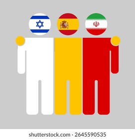 Flat human figures with heads as Israel, Spain, and Iran flags. Spain stands between Israel and Iran as a neutral mediator. Perfect for political, diplomacy, and peace topics.