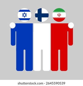 Figuras humanas planas com cabeças como bandeiras de Israel, Finlândia e Irã. A Finlândia está entre Israel e o Irã como um mediador neutro. Perfeito para temas políticos, diplomáticos e de paz.
