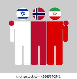 Flat human figures with heads as Israel, Norway, and Iran flags. Norway stands between Israel and Iran as a neutral mediator. Perfect for political, diplomacy, and peace topics.
