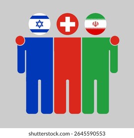 Flat human figures with heads as Israel, Switzerland, and Iran flags. Switzerland stands between Israel and Iran as a neutral mediator. Perfect for political, diplomacy, and peace topics.