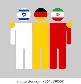 Flat human figures with heads as Israel, Germany, and Iran flags. Germany stands between Israel and Iran as a neutral mediator. Perfect for political, diplomacy, and peace topics.