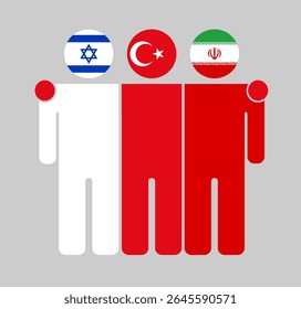 Flat human figures with heads as Israel, Turkey, and Iran flags. Turkey stands between Israel and Iran as a neutral mediator. Perfect for political, diplomacy, and peace topics.