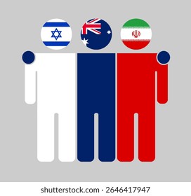 Figuras humanas planas con cabezas como banderas de Israel, Australia e Irán. Australia se interpone entre Israel e Irán como un mediador neutral. Perfecto para temas políticos, diplomáticos y de paz.