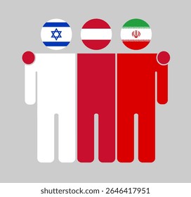 Flat human figures with heads as Israel, Austria, and Iran flags. Austria stands between Israel and Iran as a neutral mediator. Perfect for political, diplomacy, and peace topics.