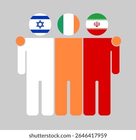 Figuras humanas planas com cabeças como bandeiras de Israel, Irlanda e Irã. A Irlanda situa-se entre Israel e o Irã como um mediador neutro. Perfeito para temas políticos, diplomáticos e de paz.