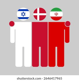 Figuras humanas planas com cabeças como bandeiras de Israel, Dinamarca e Irã. A Dinamarca situa-se entre Israel e o Irã como um mediador neutro. Perfeito para temas políticos, diplomáticos e de paz.