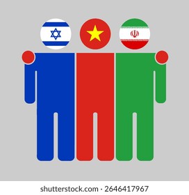 Flache menschliche Figuren mit Köpfen wie die Flaggen Israels, Vietnams und des Iran. Vietnam steht als neutraler Vermittler zwischen Israel und dem Iran. Perfekt für politische, diplomatische und Friedensthemen.