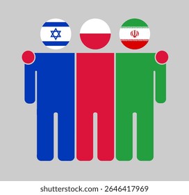 Figuras humanas planas com cabeças como bandeiras de Israel, Polônia e Irã. A Polônia situa-se entre Israel e o Irã como um mediador neutro. Perfeito para temas políticos, diplomáticos e de paz.