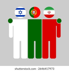 Flat human figures with heads as Israel, Portugal, and Iran flags. Portugal stands between Israel and Iran as a neutral mediator. Perfect for political, diplomacy, and peace topics.