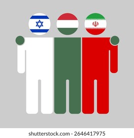 Flat human figures with heads as Israel, Hungary, and Iran flags. Hungary stands between Israel and Iran as a neutral mediator. Perfect for political, diplomacy, and peace topics.