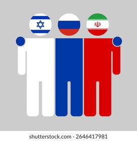 Flat human figures with heads as Israel, Russia, and Iran flags. Russia stands between Israel and Iran as a neutral mediator. Perfect for political, diplomacy, and peace topics.