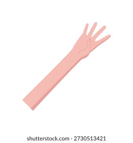 Flat human hand gesture. Bare palm with four fingers up and open. Minimalistic hand pose counting number four. Gesture shows light skin tone, isolated on white background, simple style, can be used