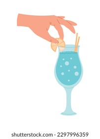 Flat Human hand and glass goblet of drink with a slice of lemon and drinking straw. Alcoholic cocktail or soda with bubbles. Vector isolated cartoon illustration.