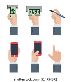 Flat human hand pushing money banknote into ATM or payment terminal, holding phone or pen, ready to enter pin code vector illustration set. Banking, Finance concept.