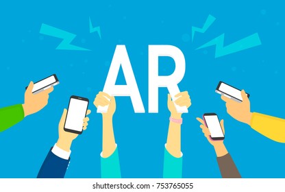 Flat human hands hold big AR symbol. Augmented reality concept illustration of young men and women using smartphones happy to play game and see augmented elements in real life