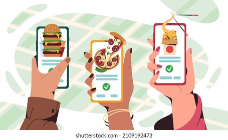 Flat human hands hold smartphone with mobile app for ordering fast food at home or take away. Online service for order asian and italian meals. Pizza, burger and wok box with noodles delivery.