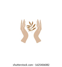 Flat human hands holding gold branch. Urban jungle, ecology, vegan concept. Green life and ecology subject. Good for t-shirt prints, logos, advertising banners. Vector illustration. Clipart image.