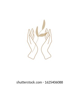 Flat human hands holding gold branch. Urban jungle, ecology, vegan concept. Green life and ecology subject. Good for t-shirt prints, logos, advertising banners. Vector illustration. Clipart image.