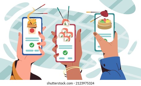 Manos humanas planas sujetando un smartphone con una aplicación móvil para pedir comida rápida en casa, oficina o llevarse. Sushi, manti y wok box con fideos de entrega rápida. Servicio en línea para pedir platos asiáticos.