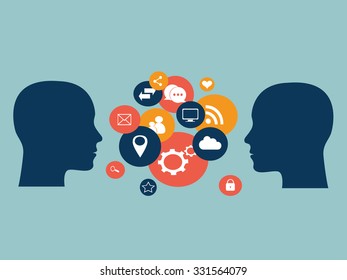 Cabezas humanas planas vectoriales con íconos de medios sociales,
