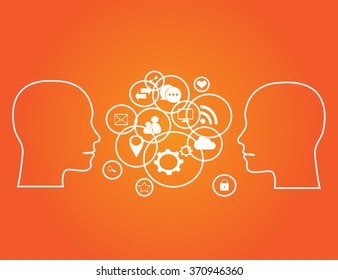 Flat human heads vector with social media icons orange