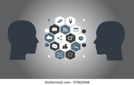 Flat human heads vector with social media icons black 