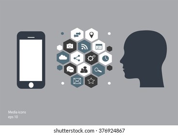 Flat human heads vector with social media icon gray