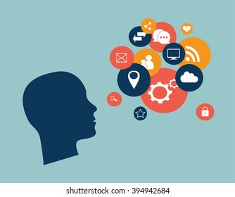 Flat human heads vector with social media icons,