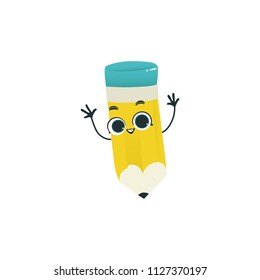 Flat humanized pencil with eraser at head, arms and face emotions. Flat vector illustration. Happy, smiling character waving hands, Back to school concept, kids education instrument.