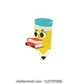 Flat humanized pencil with eraser at head, arms and face emotions. Flat vector illustration. Happy, smiling character holding books pile, Back to school concept, kids education instrument.
