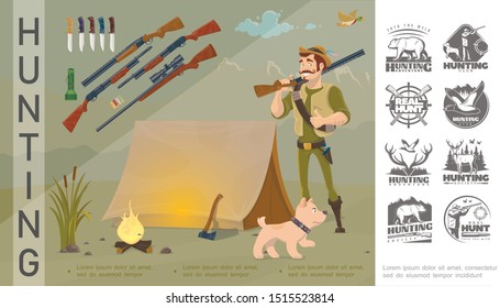 Flat hunting concept with smiling hunter holding shotgun dog flying duck weapon knives flashlight tent ax chase monochrome labels vector illustration