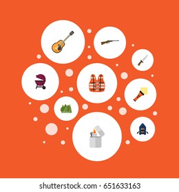 Flat Hunting Cutter, Weapon, Jacket And Other Vector Elements. Set Of Encampment Flat Symbols Also Includes Weapon, Rubber, Guitar Objects.