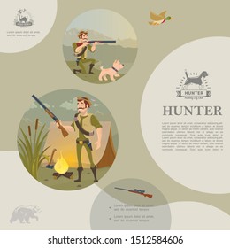 Flat hunting template with standing and aiming hunter camp dog flying duck sniper rifle bear silhouette chase emblems vector illustration