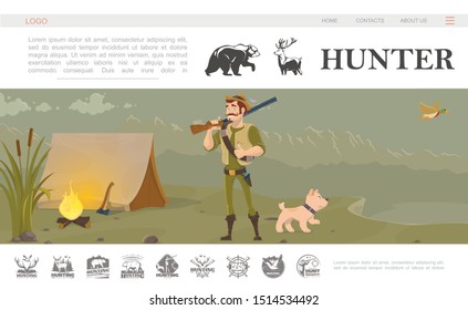 Flat hunting website template with smiling hunter holding shotgun dog flying duck ax near tent bonfire reeds on nature landscape vector illustration
