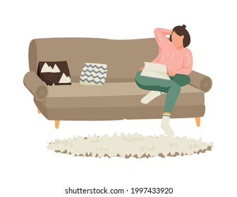 Flat hygge lifestyle icon with character reading book on sofa in cozy living room vector illustration