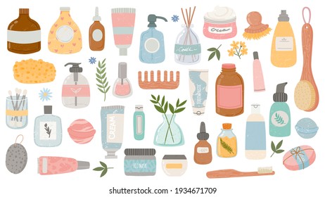 Flat hygiene and beauty products. Cosmetic bottles and tubes, bath accessories, lotion, shampoo, oil and scrub. Organic skin care vector set