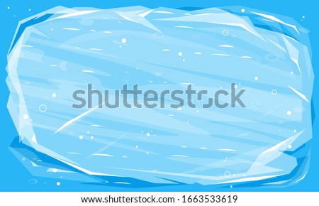 Flat ice block with place for text, ice surface texture background illustration ion top view, ice texture with cracks and small bubbles, blue cold winter ice background