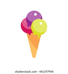 Flat ice cream cone illustration. Street sweet dessert icon. ice-cream vector. Isolated cartoon strawberry creme white background. Street fast food